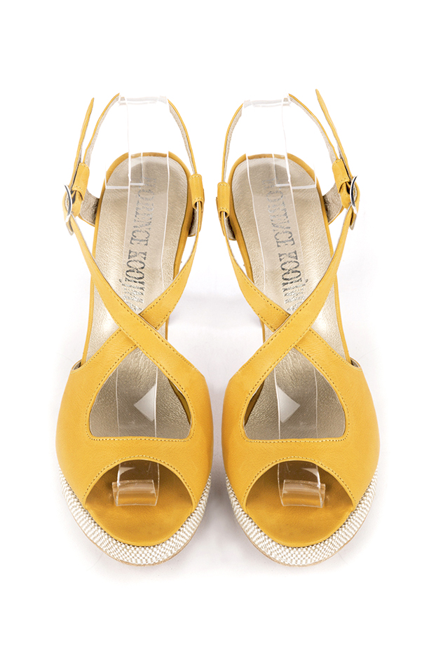 Women's mustard yellow elegant cross straps sandals. Round toe. High slim heel with a platform at the front - Top view